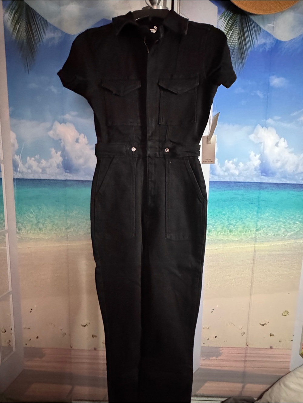 Good American Black Short-Sleeve Denim Jumpsuit